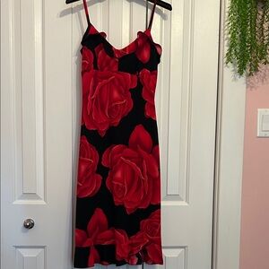 La Belle Black Dress with Red Floral Design